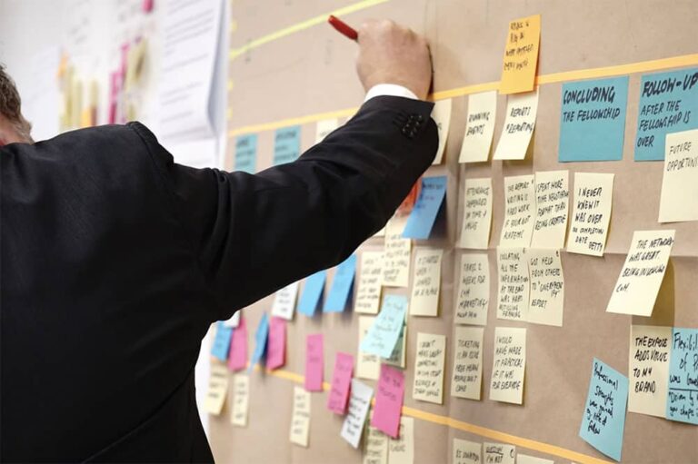 Homme organisant des post-it colorés sur un tableau mural